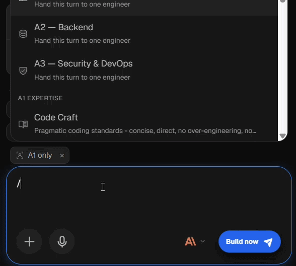 The slash menu open in the chat composer, listing specialists and skills you can add to a turn